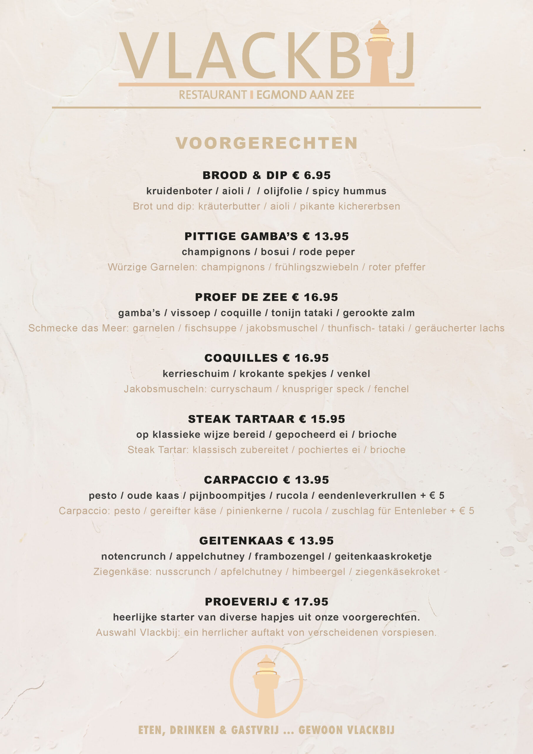Menukaart restaurant Egmond aan Zee